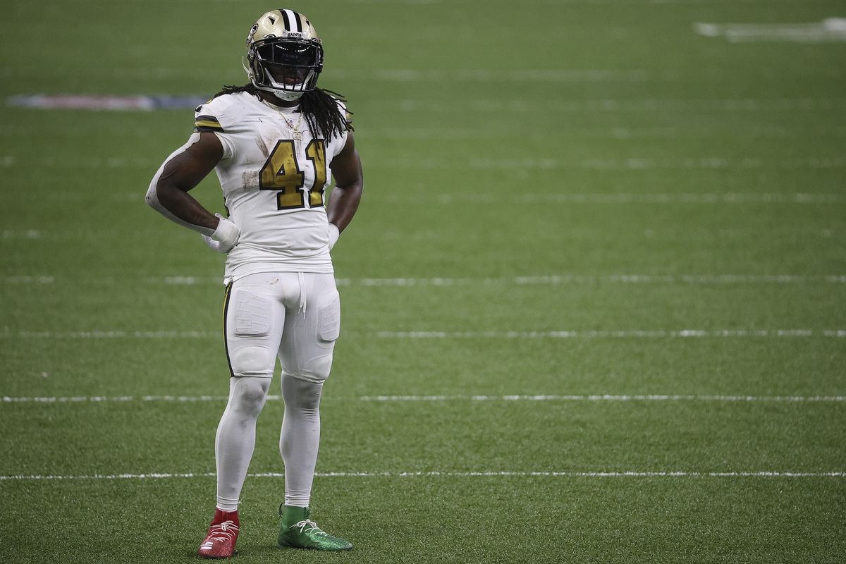 Alvin Kamara #41 of the New Orleans Saints looks on during the fourth quarter against the Minnesota Vikings at Mercedes-Benz Superdome on December 25, 2020 in New Orleans, Louisiana.
