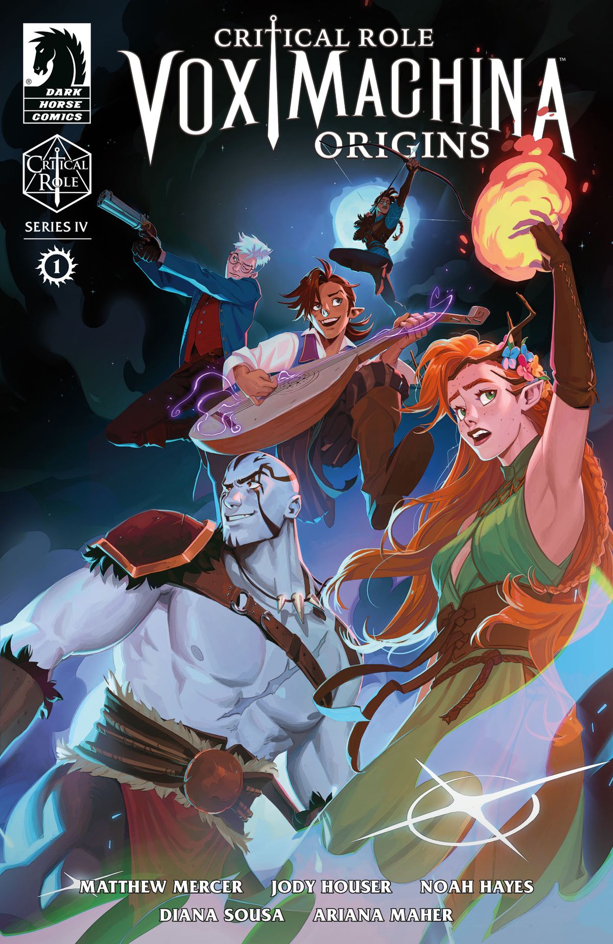 The adventuring party known as Vox Machina poses mid-battle on the cover of Critical Role: Vox Machina Origins IV #1.
