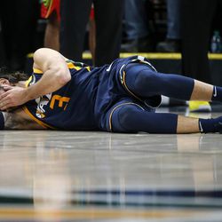 Utah Jazz guard Ricky Rubio (3) reacts after being fouled by Atlanta Hawks guard Dennis Schroder (17) during the game at Vivint Smart Home Arena in Salt Lake City on Tuesday, March 20, 2018.