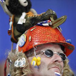 A fan of the Dutch speed skaters is seen with a speed skate on his helmet as he waits for the start of the first of two heats in the men's 500 meter race at the Richmond Olympic Oval in Vancouver.