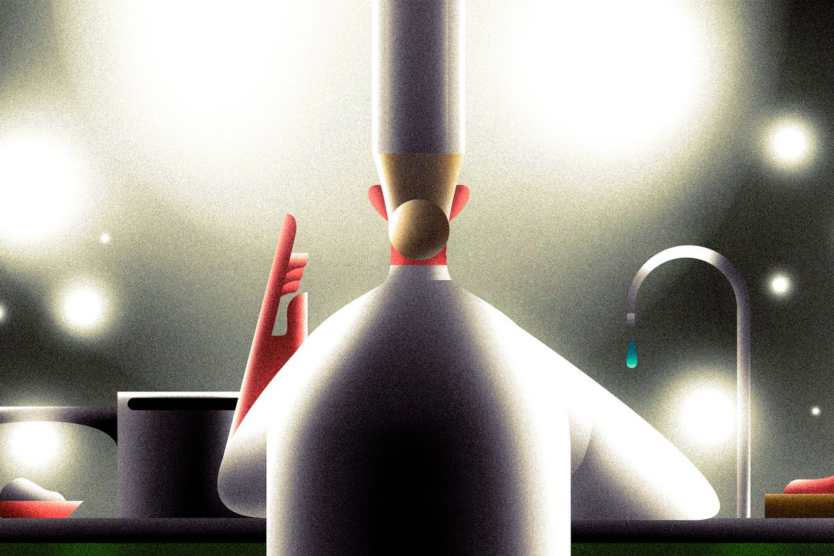 A chef, viewed from behind, faces the glare of spotlights and flashbulbs. Illustration.