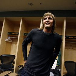 Utah Jazz player Andrei Kirilenko stands in the locker room at the EnergySolutions Arena (now Vivint Arena) after a lackluster season on Thursday, April 14, 2011. 