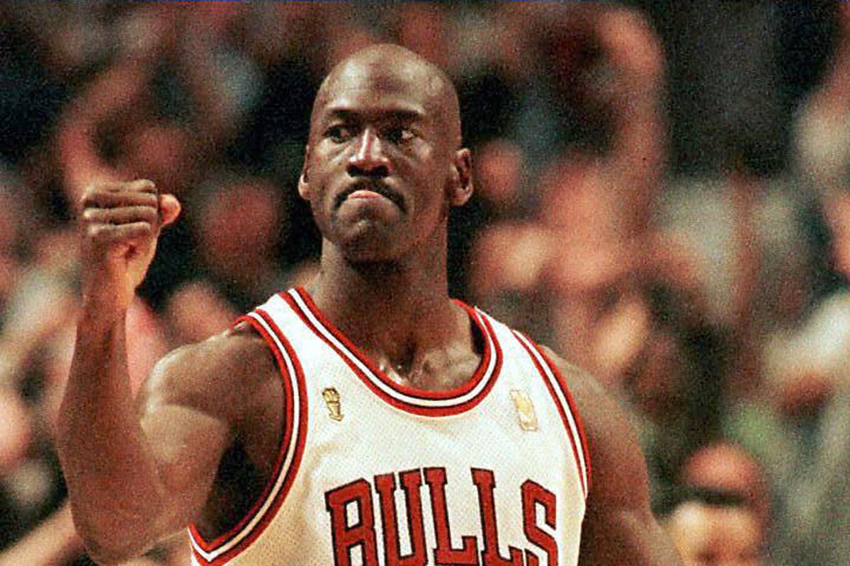 Michael Jordan of the Chicago Bulls pumps his fist