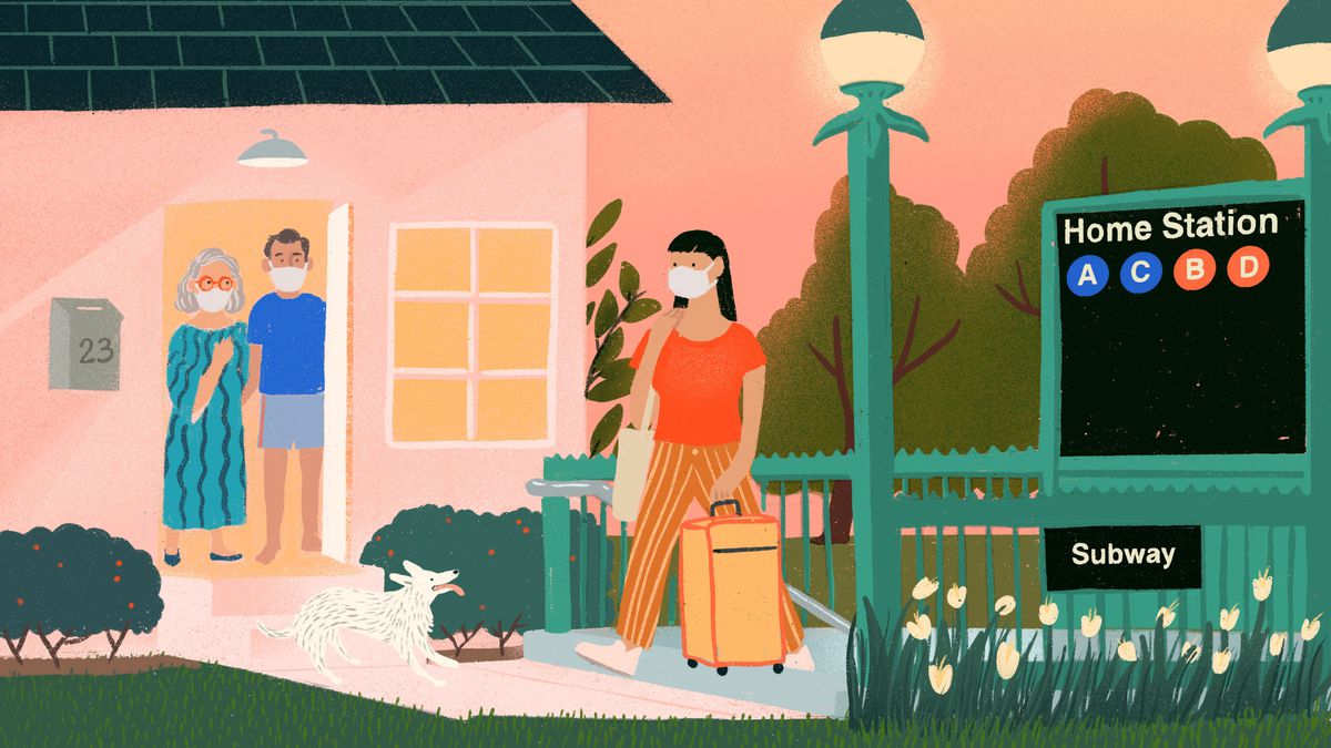 A woman wearing a face mask ascends from a subway entrance labeled “Home Station”, she is rolling a suitcase behind her. Ahead of the woman is a set of older parents also wearing masks, waiting for her in the doorway of a single-family home. Illustration.