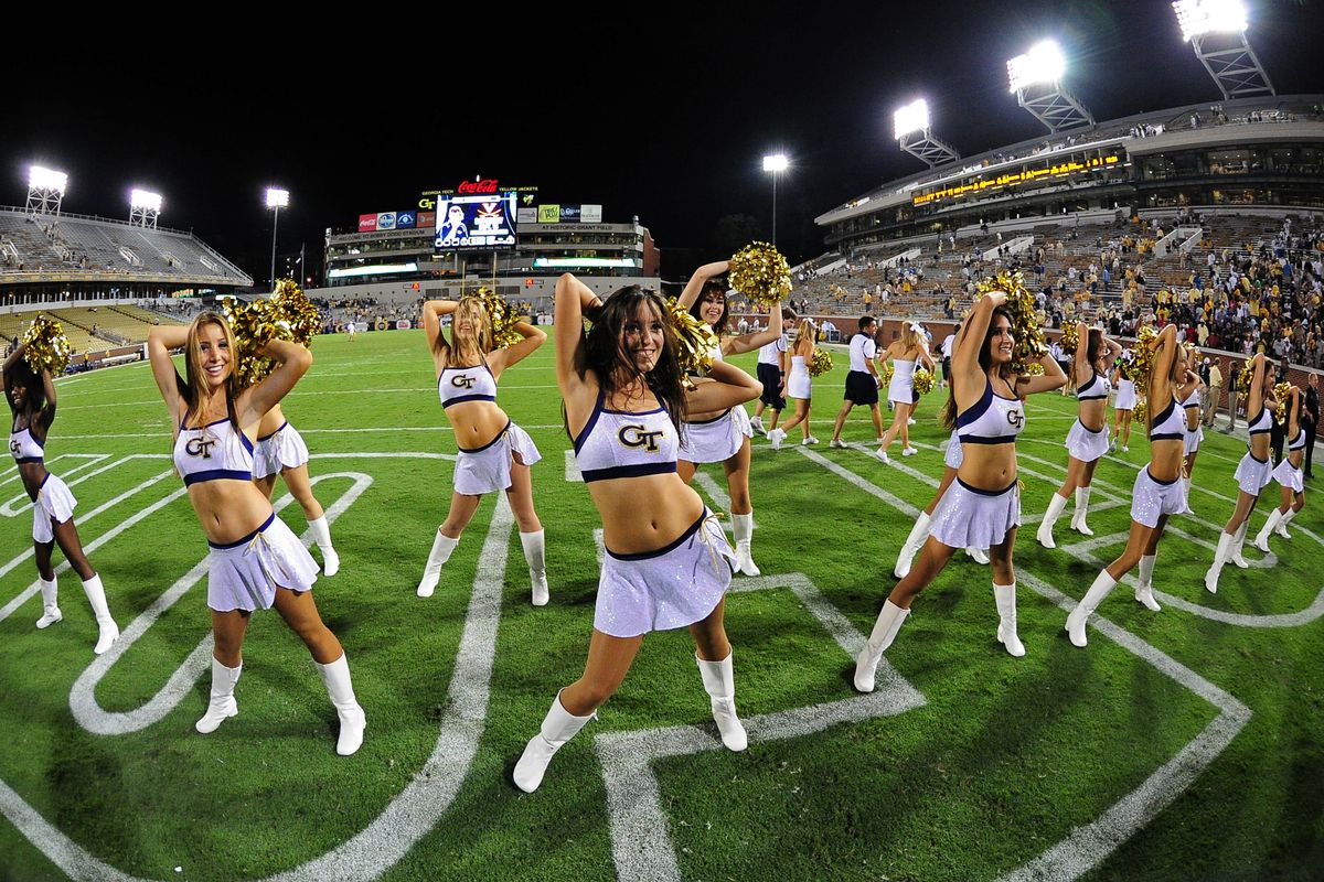 ATLANTA, GA - SEPTEMBER 8: Members of the Georgia Tech Yellow Jackets Cheerleaders celebrate after the game against the Presbyterian Blue Hose at Bobby Dodd Stadium on September 8, 2012 in Atlanta, Georgia. (Photo by Scott Cunningham/Getty Images)