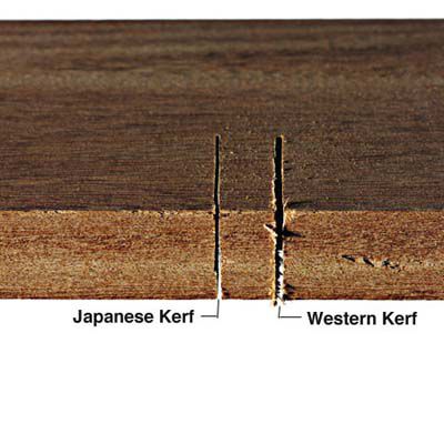 Wood with you kerf cuts on it, one is thinner and made by a Japanese hand saw while the other is thicker made by a western hand saw.