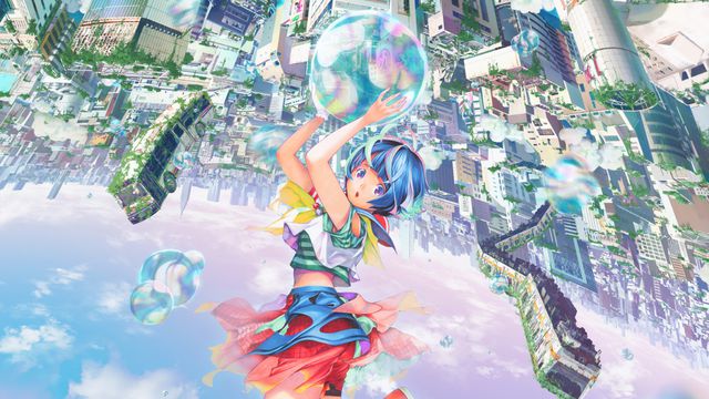 An image from the key art for the original anime movie Bubble, with a girl in colorful clothing hanging by a bubble above a bright city