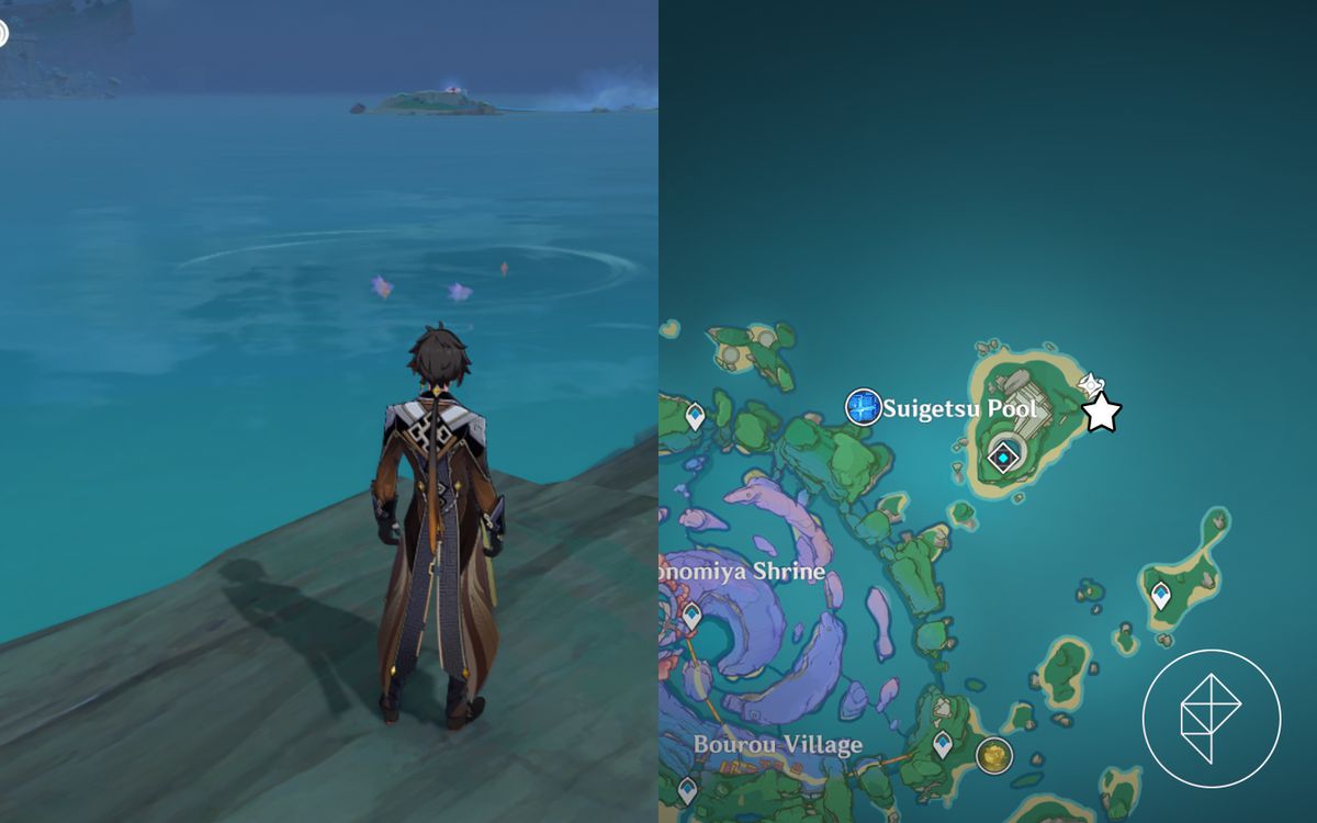 A map showing where to find a fishing area outside of Suigetsu Pool to the north