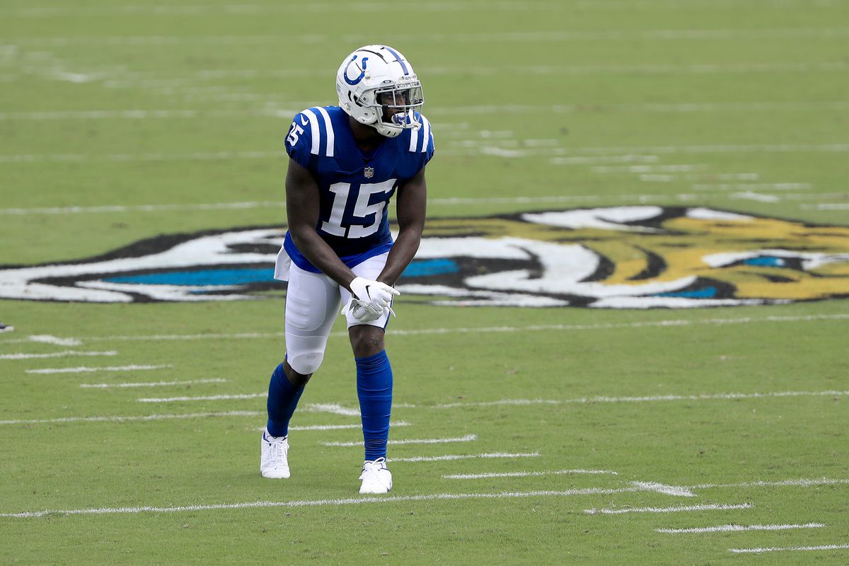 Parris Campbell of the Indianapolis Colts lines up during the game against the Jacksonville Jaguars at TIAA Bank Field on September 13, 2020 in Jacksonville, Florida.