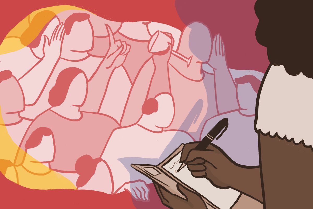 An illustration showing a Black female restaurant server taking an order, surrounded by a sea of white people trying to get her attention.