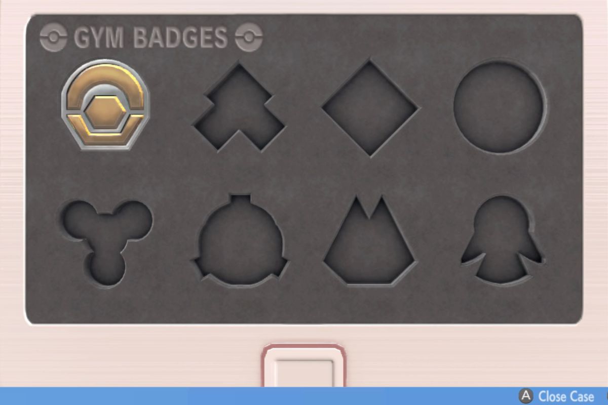 an image of a case that holds badges from Pokemon Brilliant Diamond and Shining Pearl. in it, only one of the badge spots is open. 