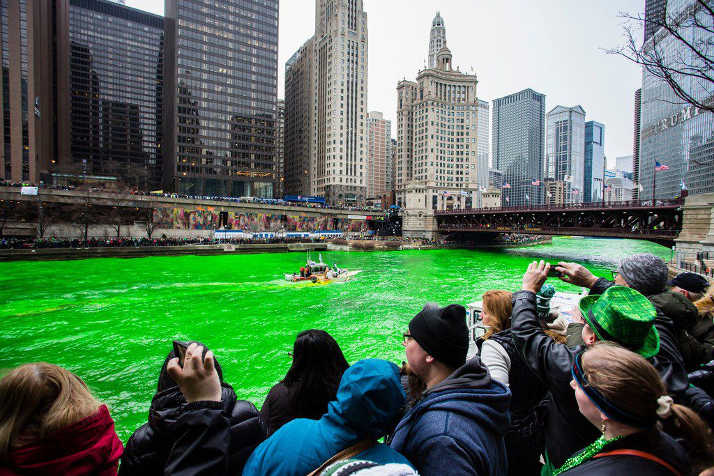 The Plumber’s Local Union 130 dyes the Chicago River green to celebrate St. Patrick’s Day, Saturday, March 17, 2018. | James Foster/For the Sun-Times