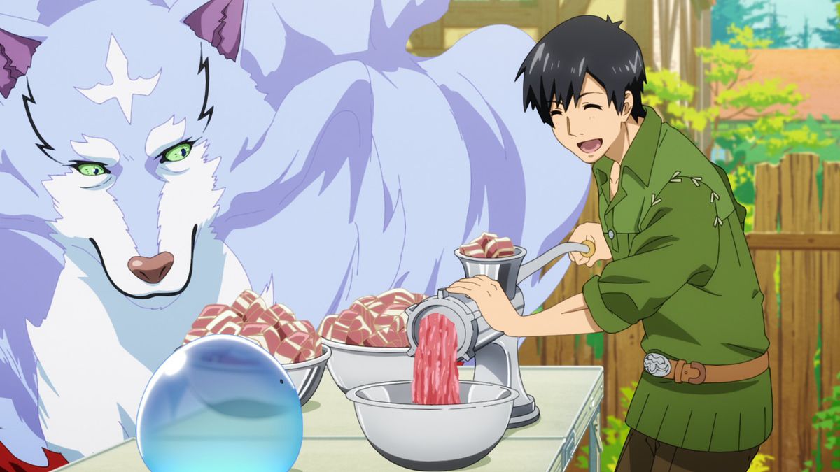 A large blue wolf-like creature stands next to a smiling man feeding meat into a meat grinder in Campfire Cooking in Another World with My Absurd Skill.