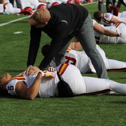 Allen Lazard is stretching out prior to the 59th annual Liberty Bowl.