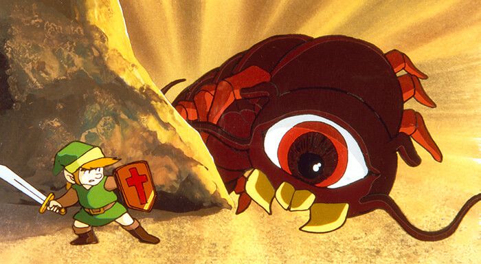 Una ilustración dibujada a mano de Link, con espada y escudo, frente a un enorme ciempiés tuerto.
