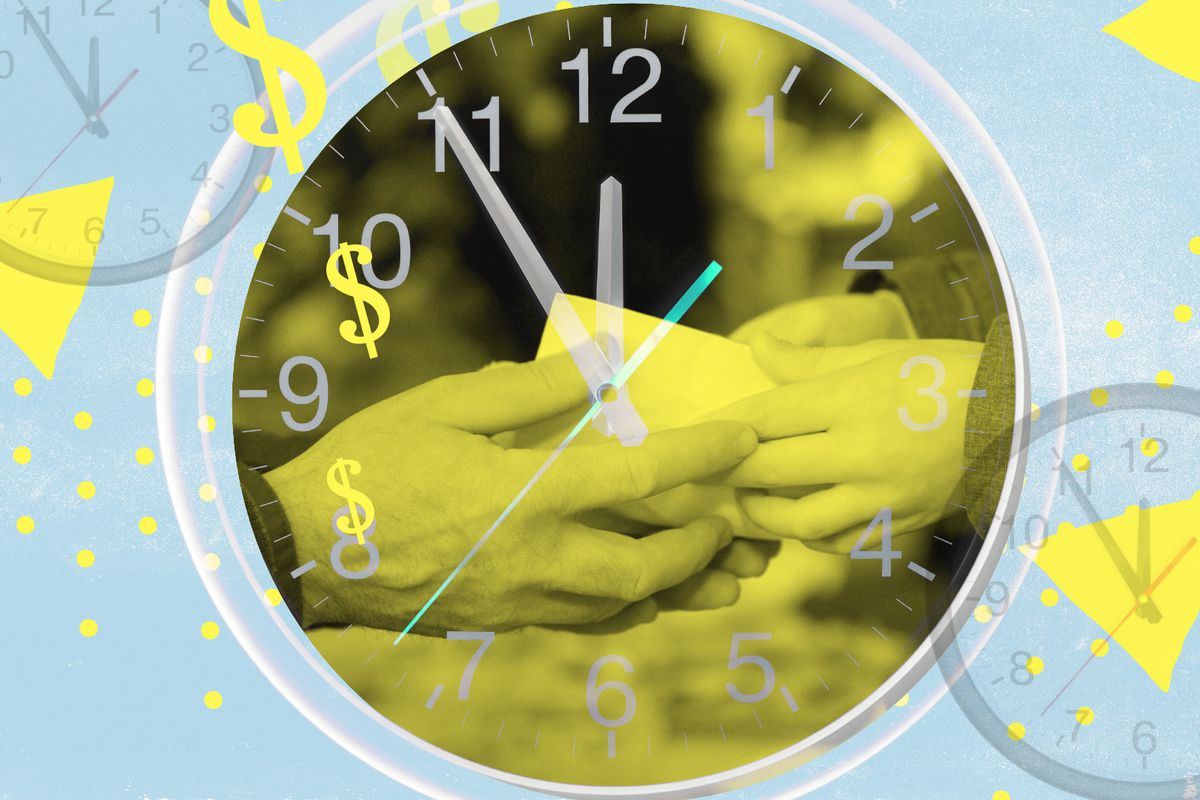 An image of an adult’s hands and a child’s hands exchanging a piece of paper, over which a clock face is seen.