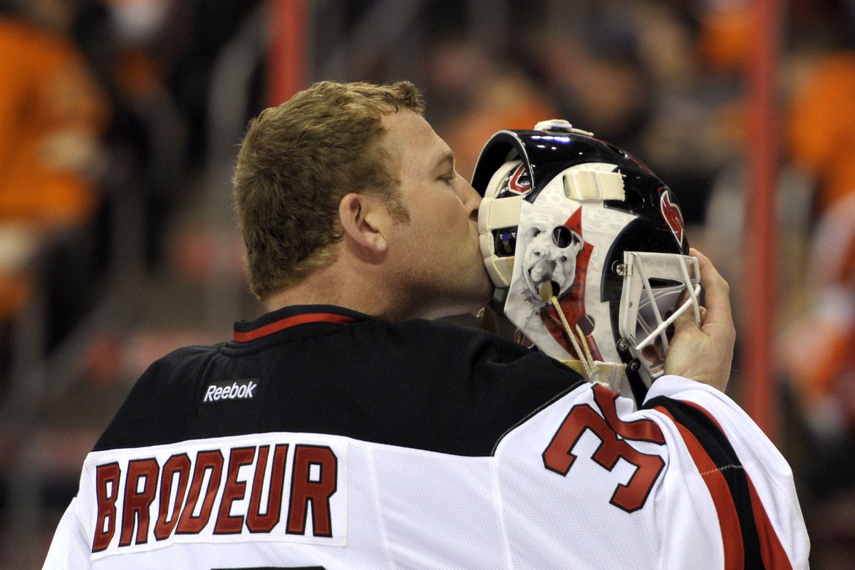 Martin Brodeur kissed his mask.  The Flyers couldn't beat him twice in a game of hockey despite 31 shots & 6 power plays.  Womp womp.