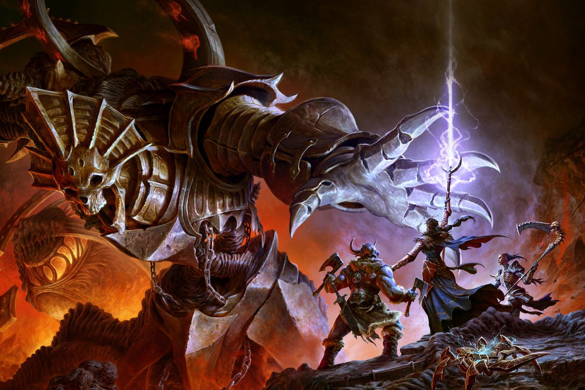 Artwork of Diablo 4 season 3, featuring a trio (Barbarian, Sorceress, and Necromancer) facing a giant armored monster named Malphas