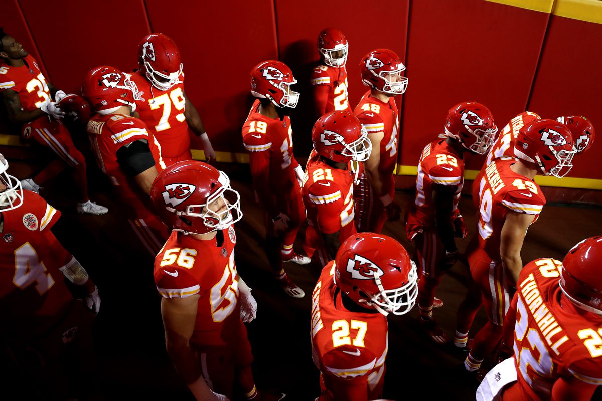 The Kansas City Chiefs stand in the tunnel prior to a game against the Denver Broncos at Arrowhead Stadium on December 06, 2020 in Kansas City, Missouri.