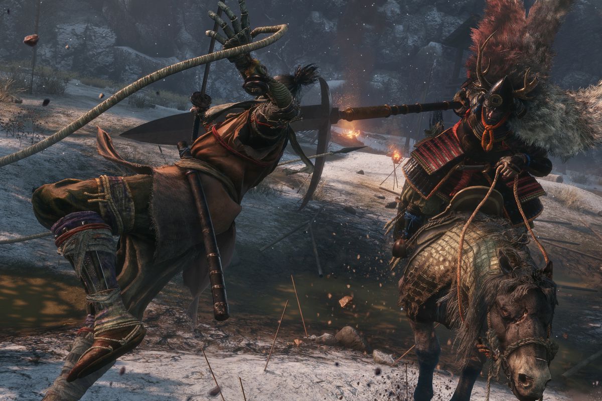 Sekiro battles a samurai on horseback in a screenshot from Sekiro: Shadows Die Twice.