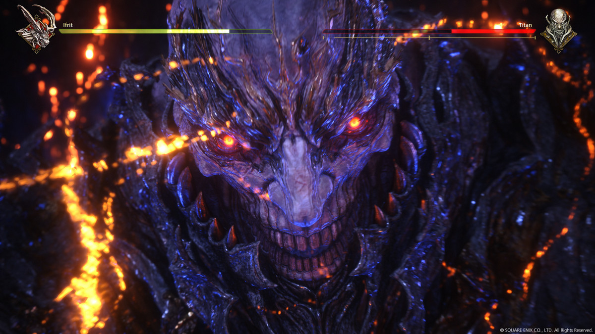 Image of a monstrous smiling Eikon Titan from Final Fantasy XVI