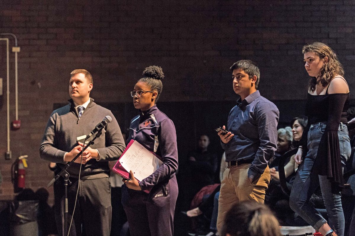 Students at Whitney Young High School line up to ask Mark Cuban questions Friday. | Erin Brown/Sun-Times