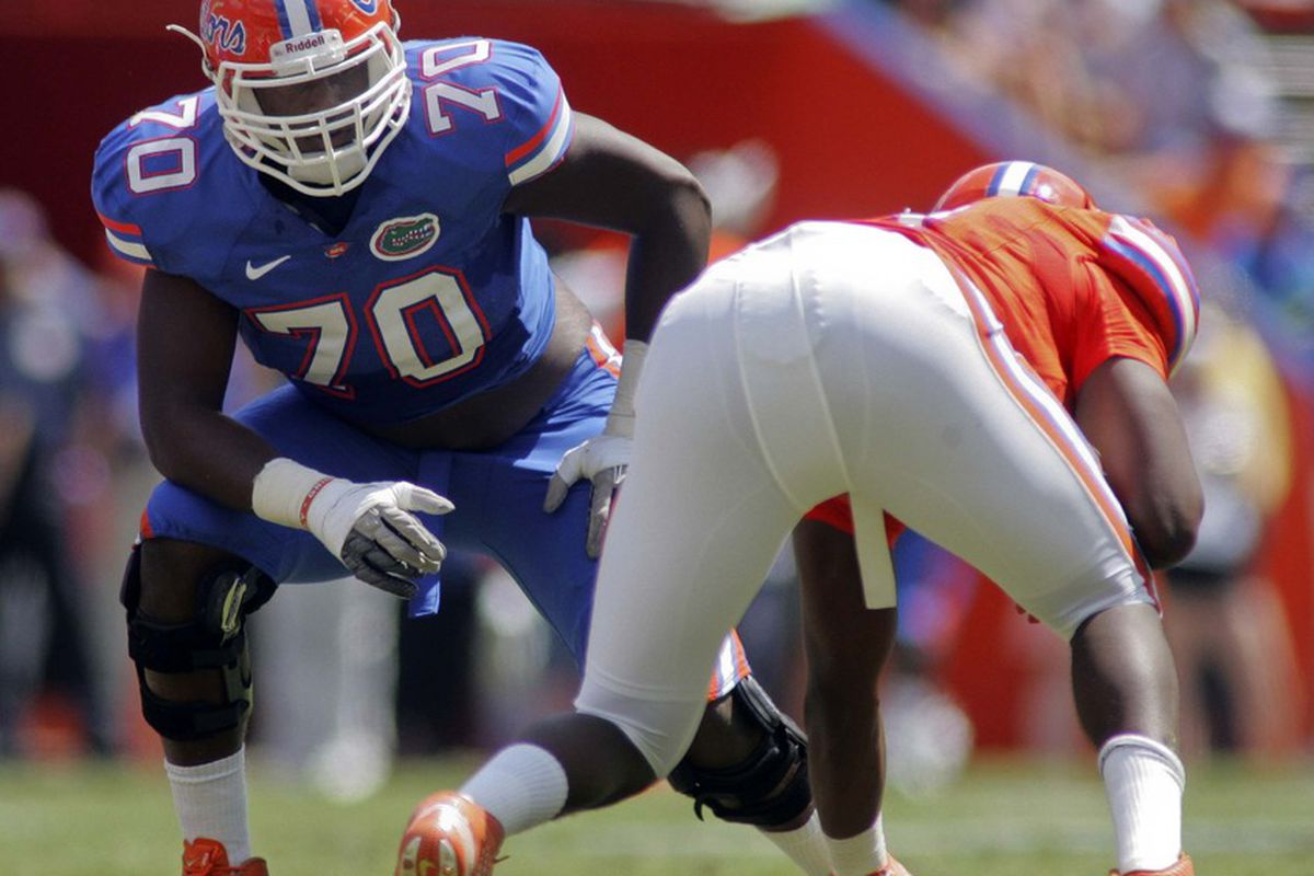 April 7, 2012; Gainesville FL, USA; Florida Gators offensive lineman D.J. Humphries (70) during the second half of the Florida spring game at Ben Hill Griffin Stadium. Mandatory Credit: Phil Sears-US PRESSWIRE
