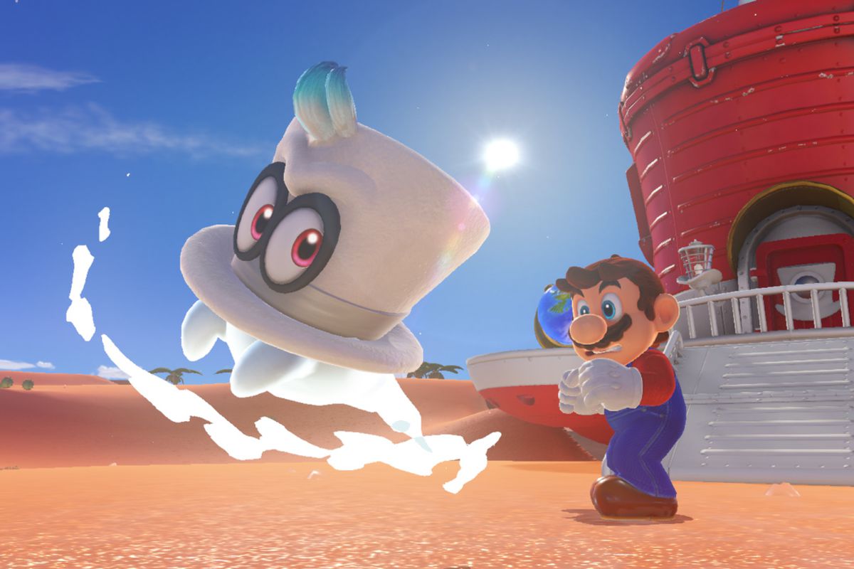 Super Mario Odyssey - Mario throwing white top hat Cappy