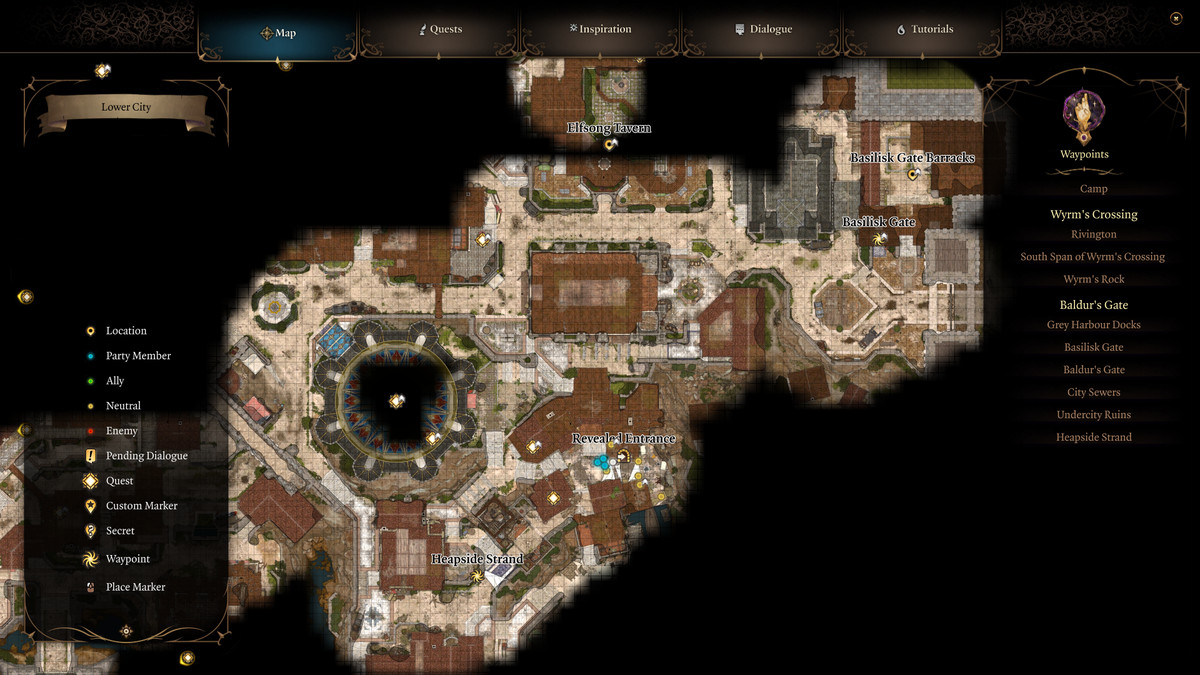 A map showing the entrance to the Guildhall in Baldur’s Gate 3