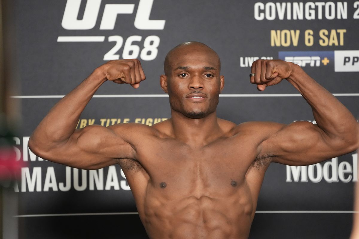 Kamaru Usman steps on the scale during the official weigh-in for UFC 268 on November 5, 2021, at Hilton Midtown in New York, NY.