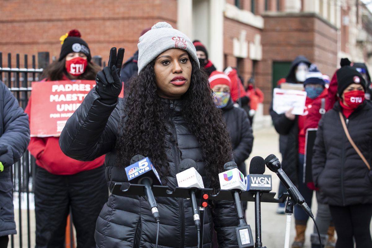 Stacy Davis Gates of the CTU is shown on Jan. 18, 2021 at a press conference on school reopening.