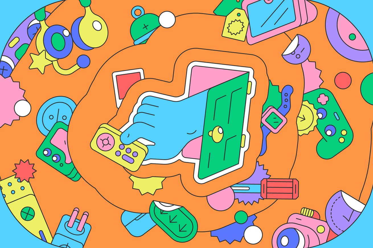 Brightly colored vector illustration of a hand coming through a door to grab a product.