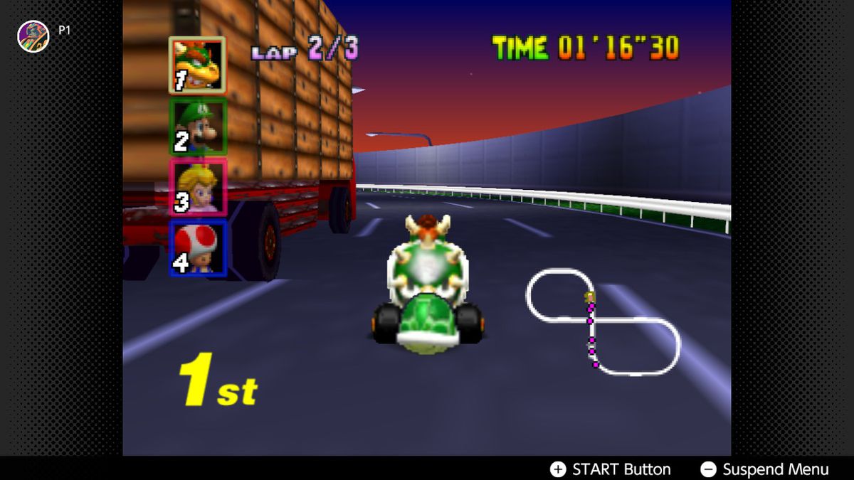 Bowser races on the streets in Mario Kart 64