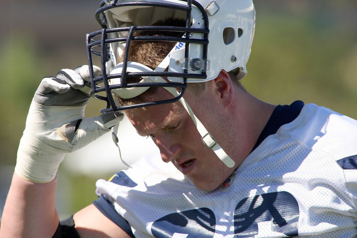 June 19, 2012; San Diego, CA, USA; San Diego Chargers offensive tackle Jeromey Clary (66) takes his helmet off during minicamp at Charger Park. Mandatory Credit: Jake Roth-US PRESSWIRE