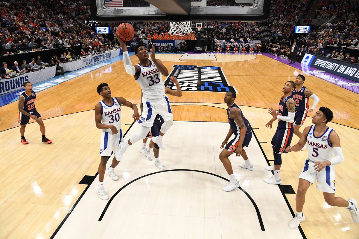 David McCormack of the Kansas Jayhawks goes up for the shot in the game against the Auburn Tigers in the second round of the 2019 NCAA Photos via Getty Images Men’s Basketball Tournament held at Vivint Smart Home Arena on March 23, 2019 in Salt Lake City, Utah.