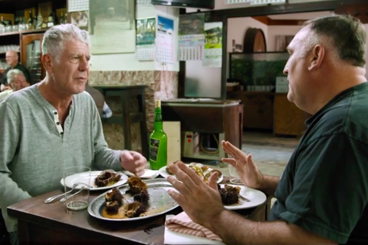 Anthony bourdain and jose andres in a clip from parts unknown