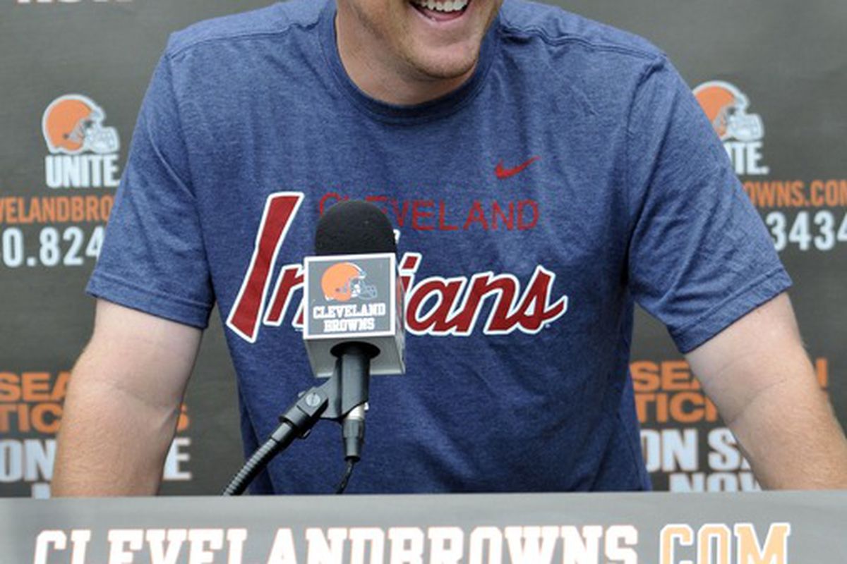 Jun 5, 2012; Berea, OH, USA; Cleveland Browns quarterback Brandon Weeden (3) answers questions during a press conference after minicamp at the Cleveland Browns training facility. Mandatory Credit: David Richard-US PRESSWIRE