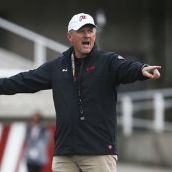 Utah Utes head coach Kyle Whittingham gives instructions during the Red-White game at Rice-Eccles Stadium in Salt Lake City on Saturday, April 13, 2019.