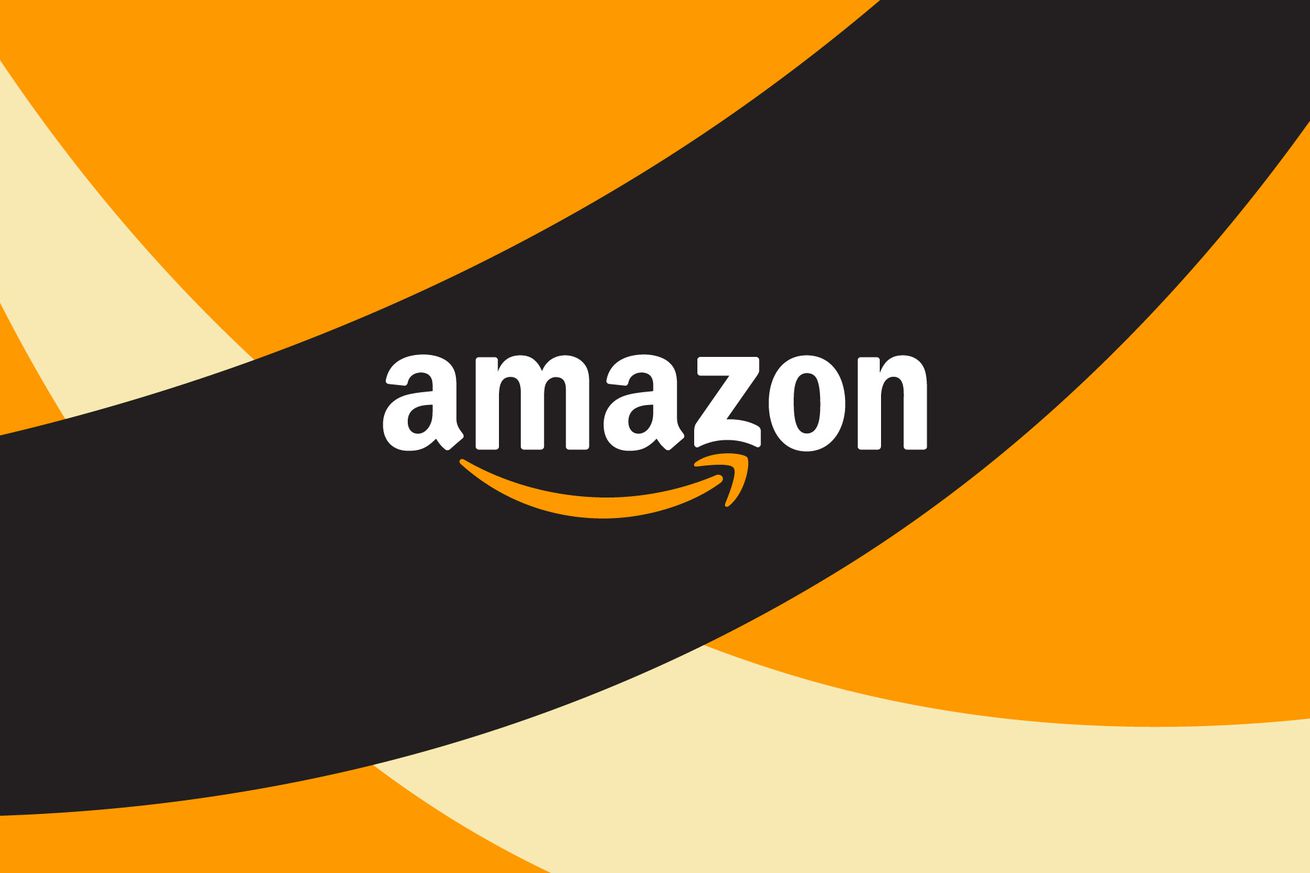 Illustration of Amazon’s logo on a black, orange, and tan background.