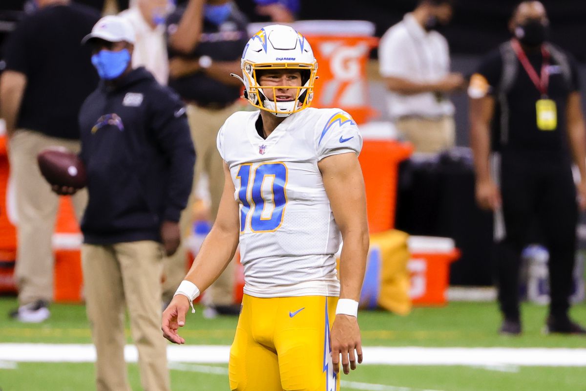 Angeles Chargers quarterback Justin Herbert (10) during warm ups prior to kickoff against the New Orleans Saints at the Mercedes-Benz Superdome.