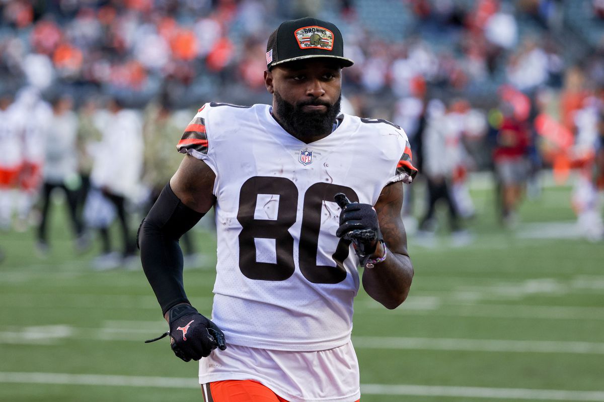 Jarvis Landry #80 of the Cleveland Browns jogs across the field after beating the Cincinnati Bengals 41-16 at Paul Brown Stadium on November 07, 2021 in Cincinnati, Ohio.