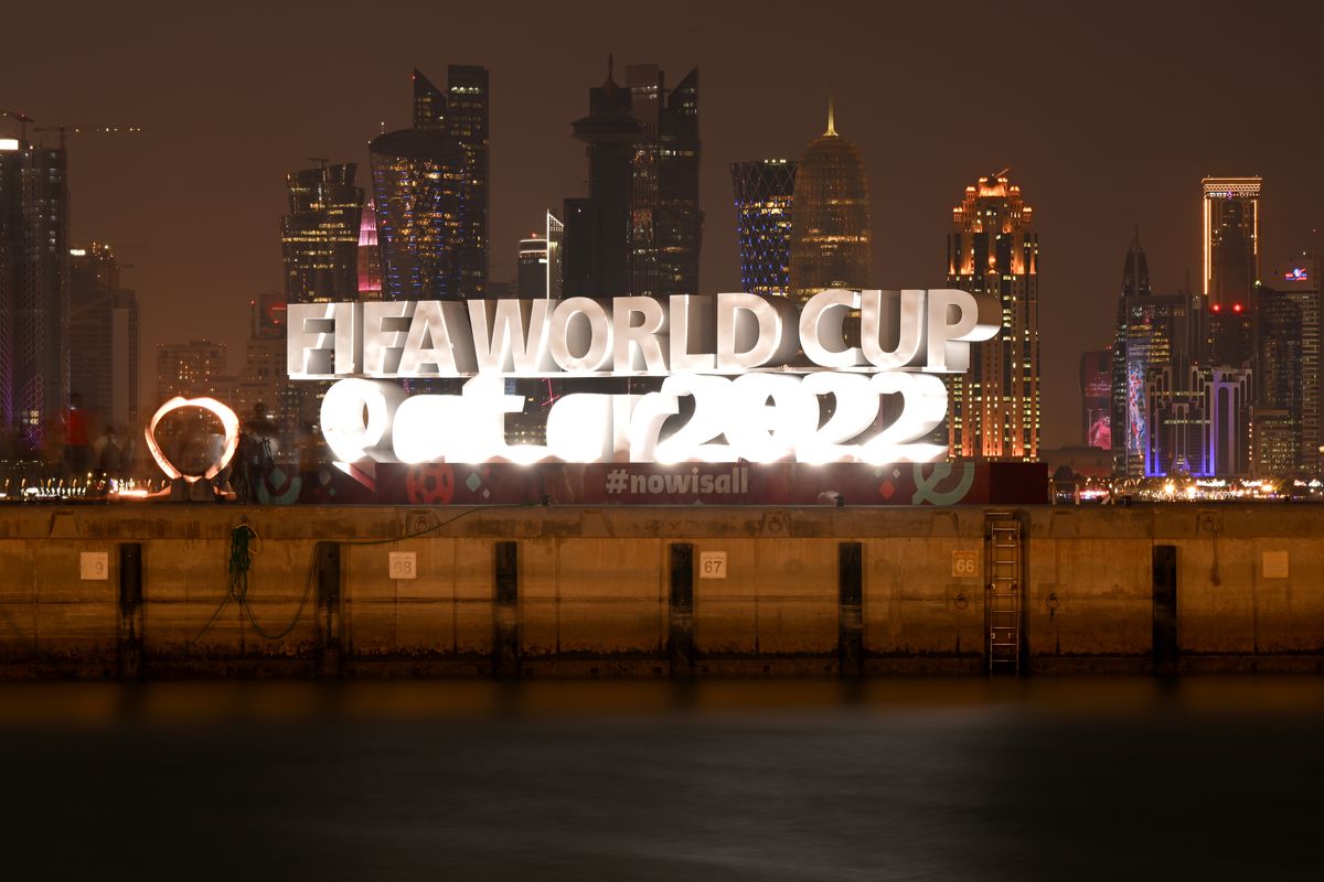 A general view at the Corniche next to the FIFA World Cup logo on November 20, 2022 in Doha, Qatar.