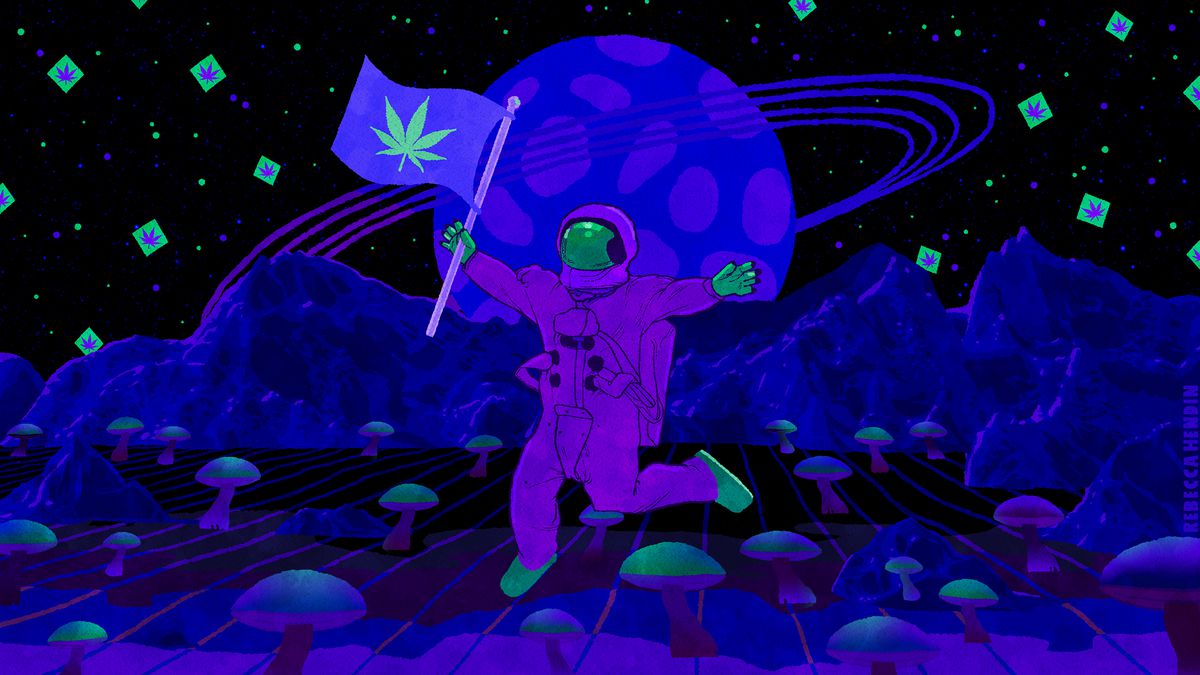 A person in a space suit on a mysterious planet covered in mushrooms while cannabis-mint stars twinkle in the background.