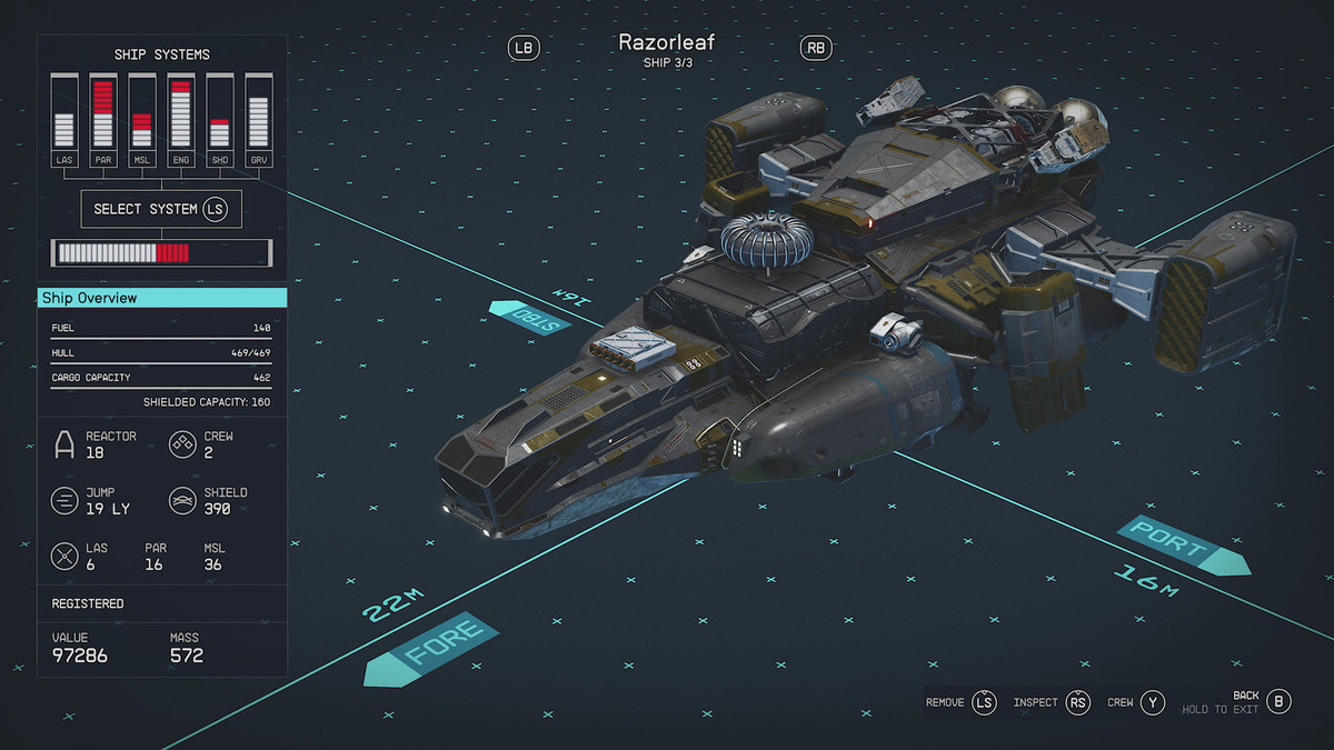 Starfield’s Razorleaf Mantis’ spaceship appears with its stats displayed on the left.