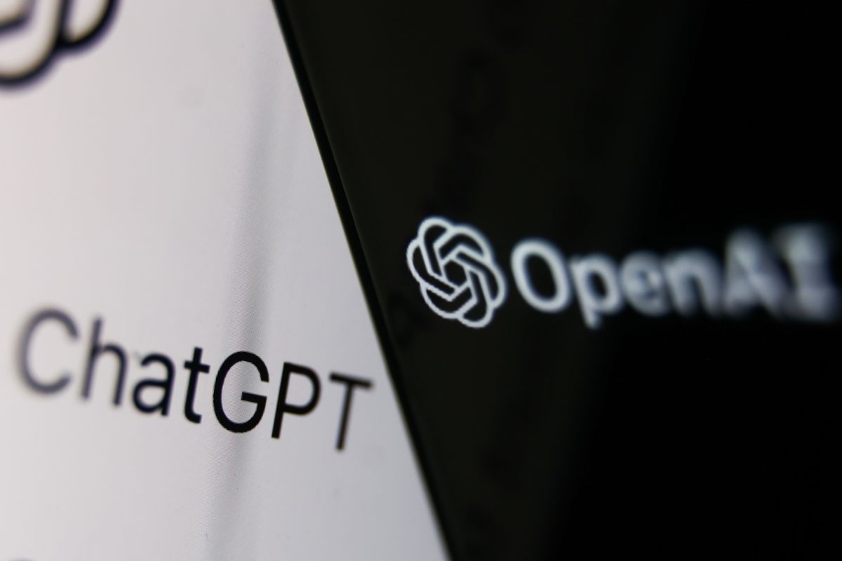 OpenAI and ChatGTP logos, on a screen, very zoomed in.