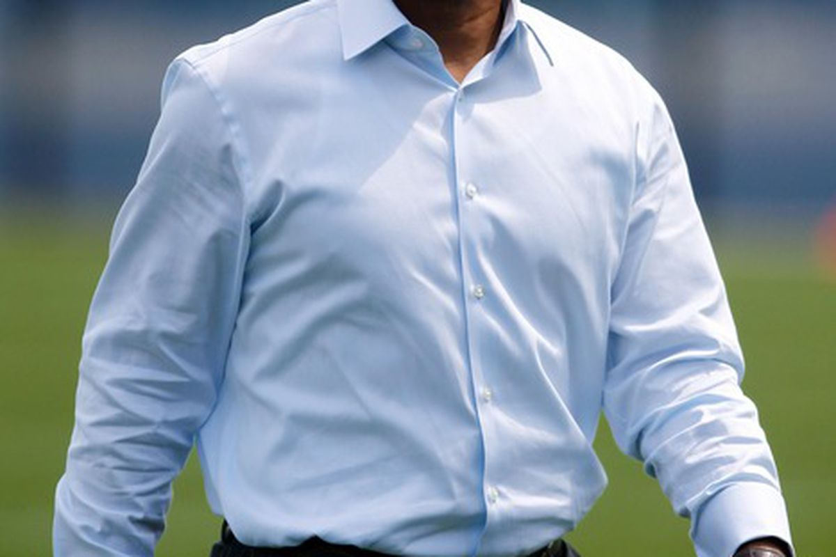 May 11, 2012; East Rutherford, NJ, USA; New York Giants general manager Jerry Reese walks off the field after minicamp at the Timex Performance Center. Mandatory Credit: Debby Wong-US PRESSWIRE