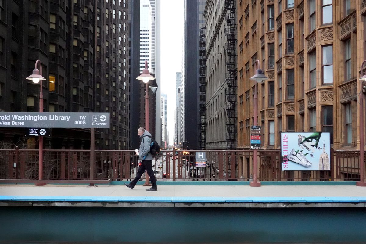 An L platform in the South Loop sits nearly empty due to social distancing measures and stay-at-home orders targeting the coronavirus.