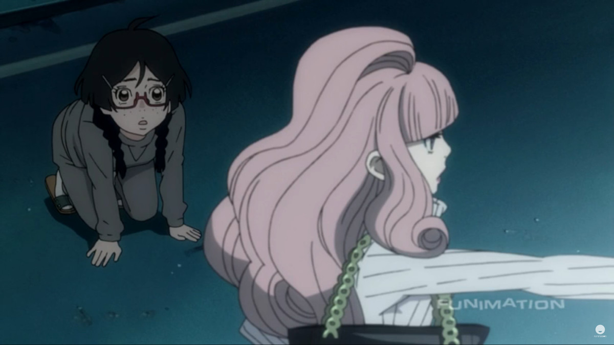 Kuranosuke helps out Tsukihi, who is kneeling on the floor in Princess Jellyfish