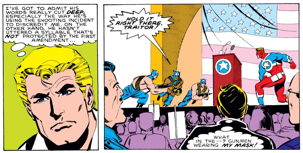 Steve Rogers attends a Super-Patriot rally with a staged attack in Captain America #323, Marvel Comics (1986). 