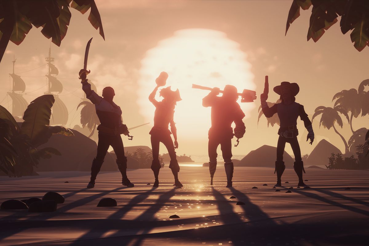 Sea of Thieves - four players with the sun setting behind them